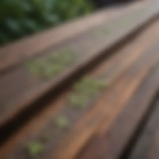 Mildew growth on a wooden deck surface