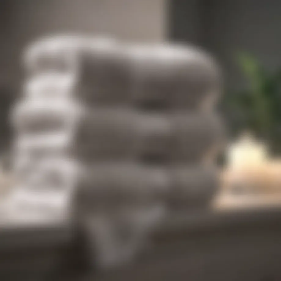 Soft, fluffy towels stacked neatly on a bathroom shelf