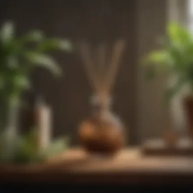 Beautifully arranged sandalwood diffuser next to plants