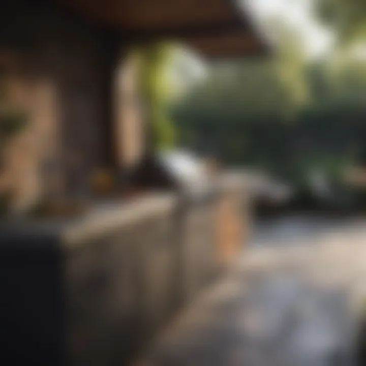 An aesthetically pleasing outdoor kitchen featuring a grill and dining area