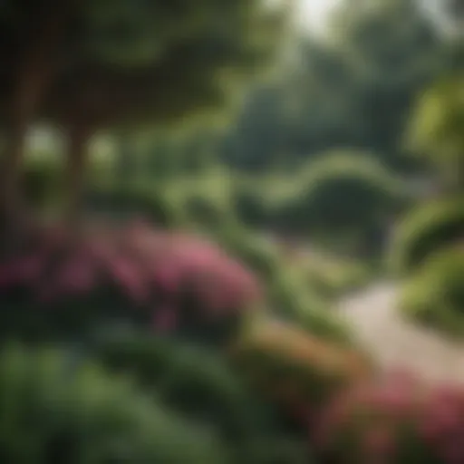 A lush shady garden featuring a variety of flowering shrubs.