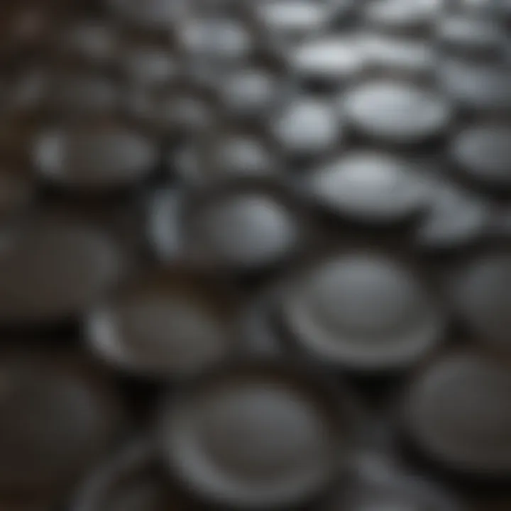 Close-up of various skillet lids organized neatly