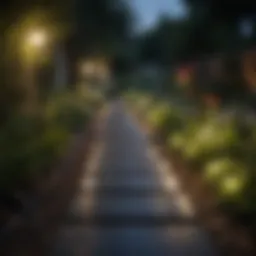 Solar panels illuminating a garden path at night