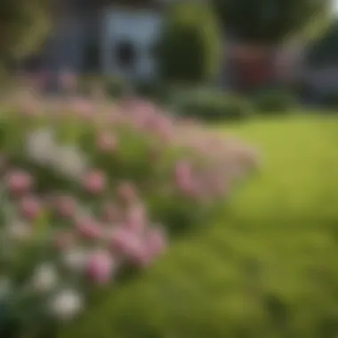 A lush lawn with spring flowers indicating seasonal change