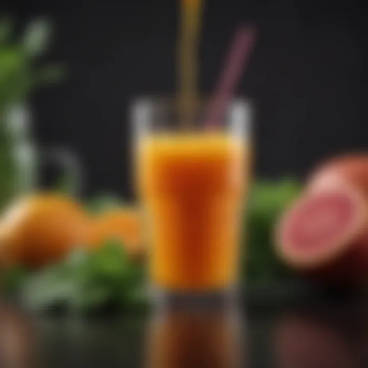 Freshly squeezed juice in a glass, highlighting vibrant colors