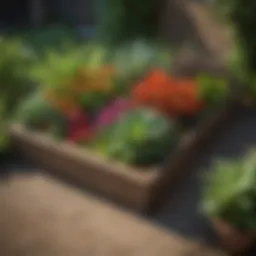 Elevated view of a standing height raised garden bed filled with vibrant plants.