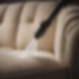A close-up view of a steam cleaner nozzle on a fabric sofa