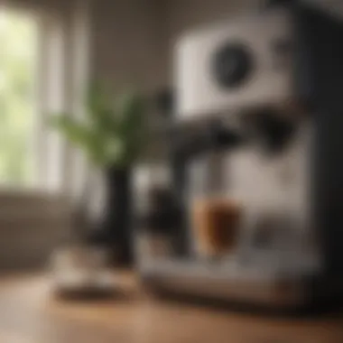 Coffee mug filled with steaming coffee beside a coffee machine