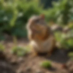 A serene garden setting with potential chipmunk burrows visible.