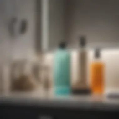 Cleaning supplies arranged on a bathroom counter