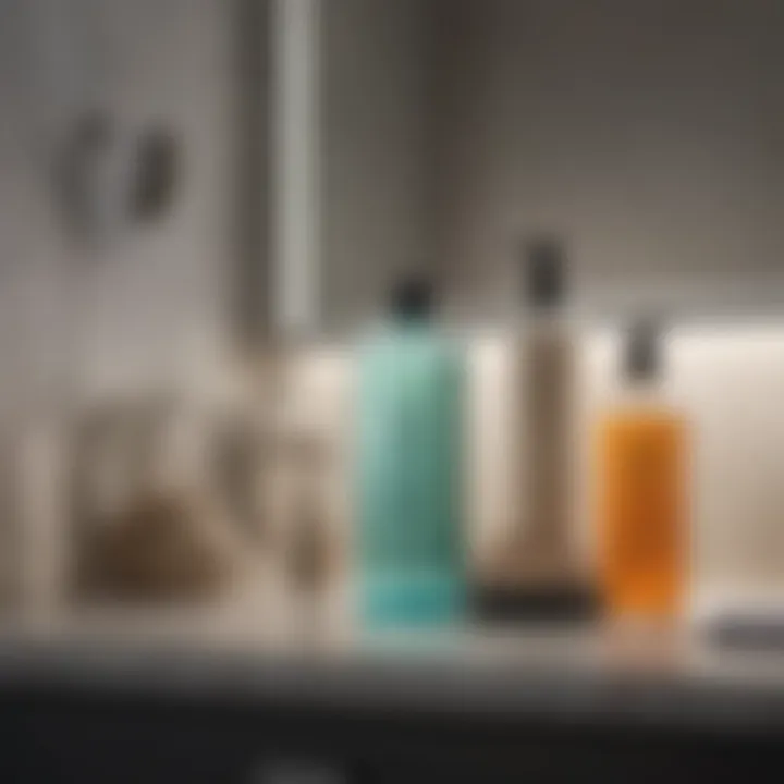 Cleaning supplies arranged on a bathroom counter