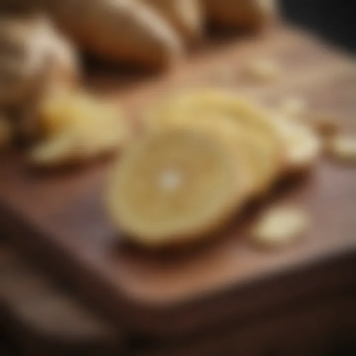 Sliced ginger arranged on a cutting board