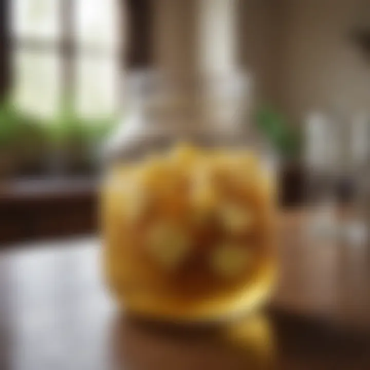 A jar of ginger submerged in vinegar