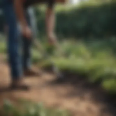 Gardener using a hoe to remove weeds