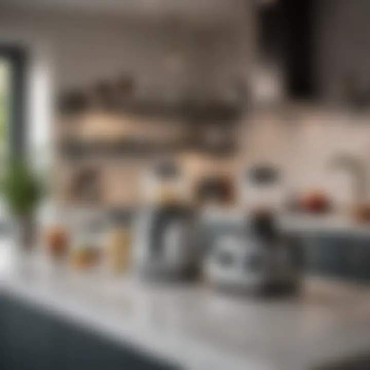 A stylish kitchen featuring personal blenders and ice crushers