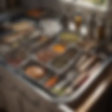 Functional kitchen organization trays displaying utensils and spices