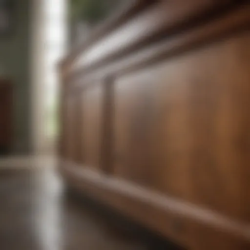 A close-up of a wooden cabinet surface with grease stains