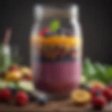 Close-up view of blender jar with vibrant smoothie ingredients.