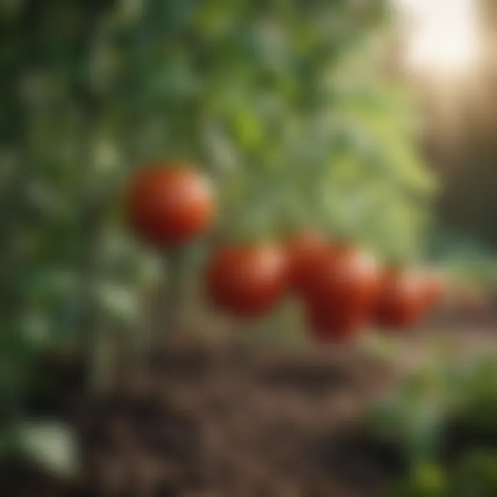 Close-up of healthy tomato plants supported with stakes.