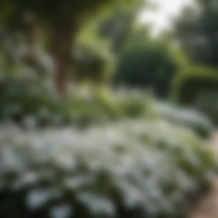 A garden featuring various plants with unusual white leaves