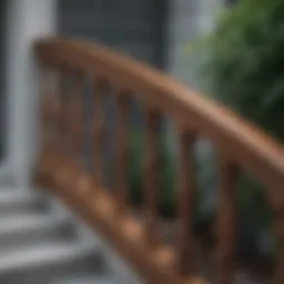Elegant front porch showcasing a wooden handrail with intricate design.