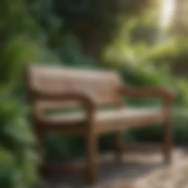 Elegant wooden garden bench with lush greenery in the background