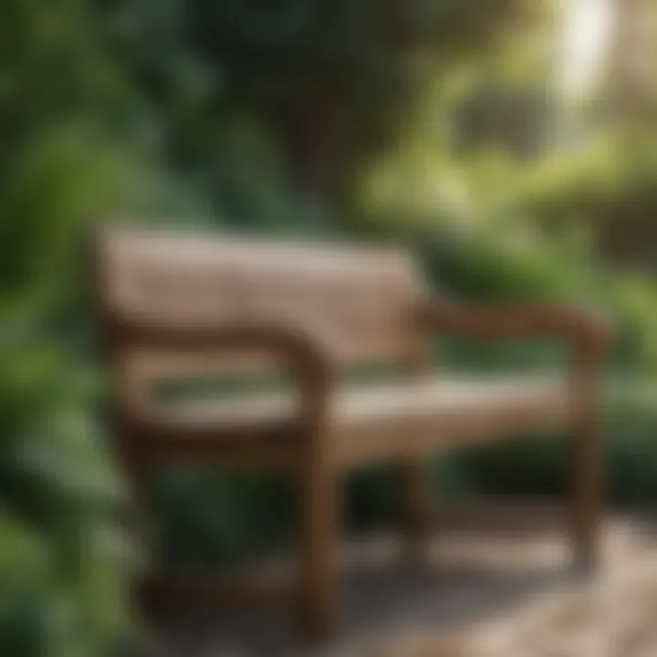 Elegant wooden garden bench with lush greenery in the background