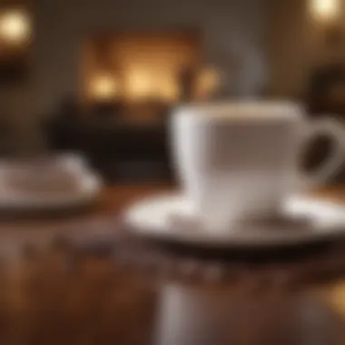 An elegantly brewed cup of coffee resting on a table with beans scattered around