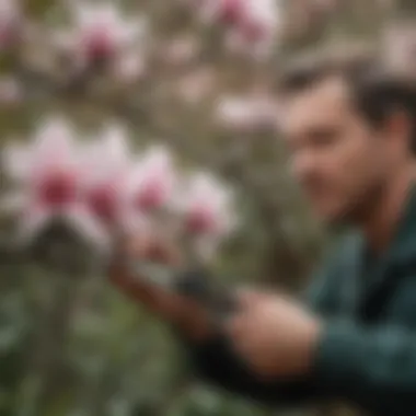 Gardener using pruning shears on a magnolia branch