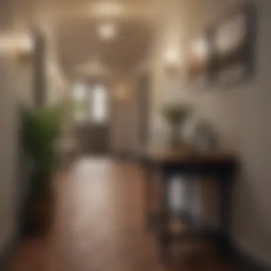 Cozy hallway featuring a small table with lighting and art