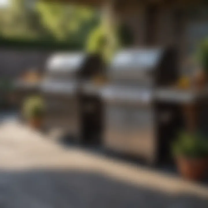An assortment of high-quality gas grills displayed in an outdoor setting.