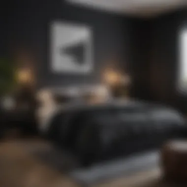 Cozy bedroom with black walls and warm lighting