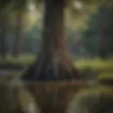 A vibrant cypress tree reflecting in still water