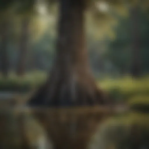 A vibrant cypress tree reflecting in still water