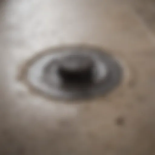 Close-up of a clogged shower drain with hair and debris