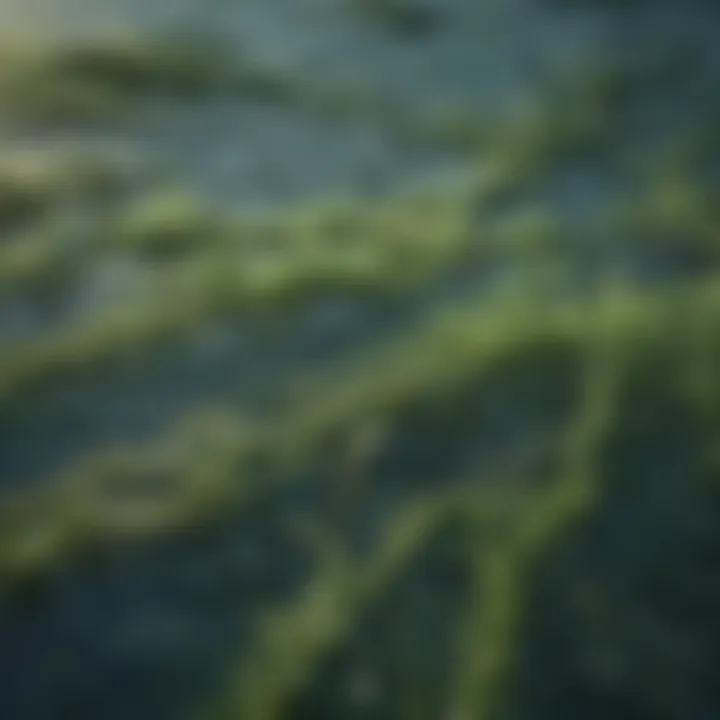 Close-up of algae strands in crystal clear water