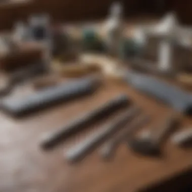 Close-up of various paint materials and tools for cabinet painting.