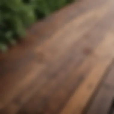 Close-up of a wood deck showcasing different stain finishes