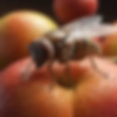 Close-up of fruit flies on a ripe fruit