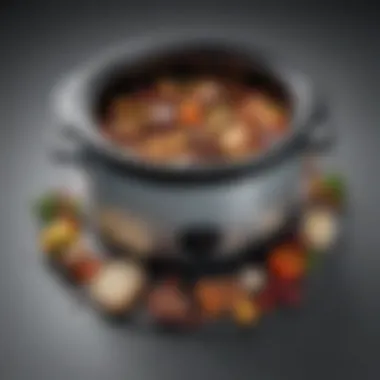 Components of a Large Slow Cooker An exploded view of a slow cooker showcasing its components