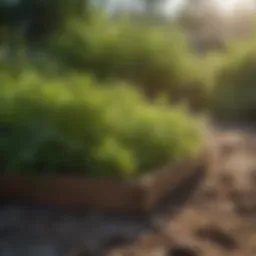A garden bed before treatment with boiling water and salt, overrun with weeds