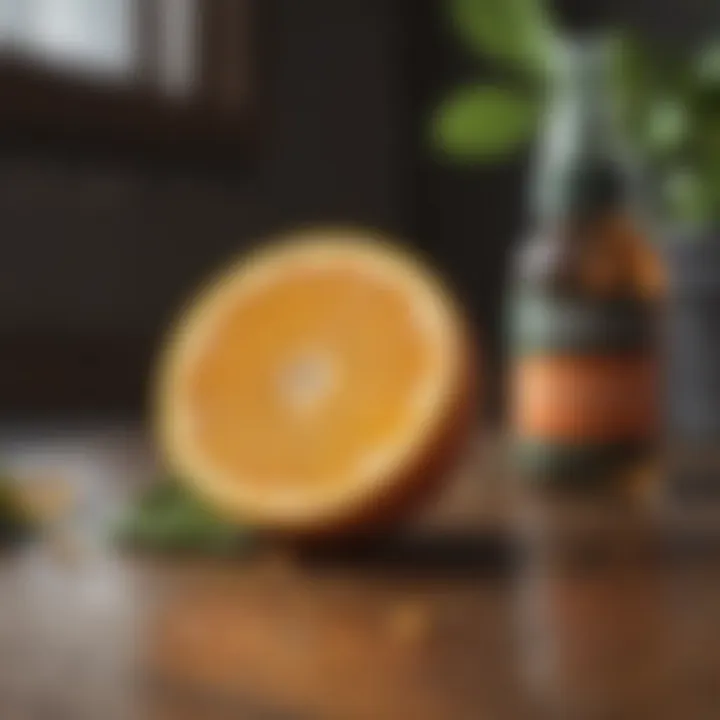 Ingredients for making citrus spray displayed on a wooden table