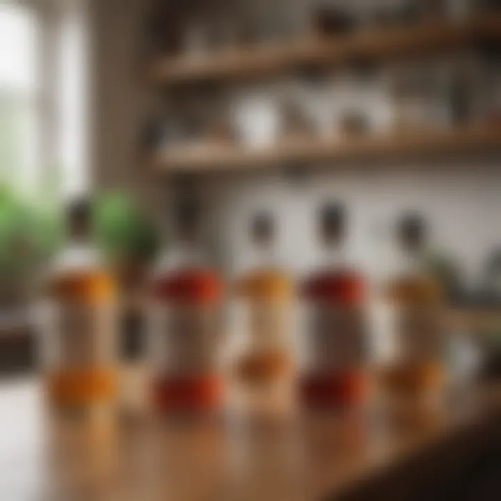 Various types of vinegar displayed on a kitchen counter