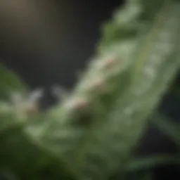Close-up of whiteflies on a plant leaf