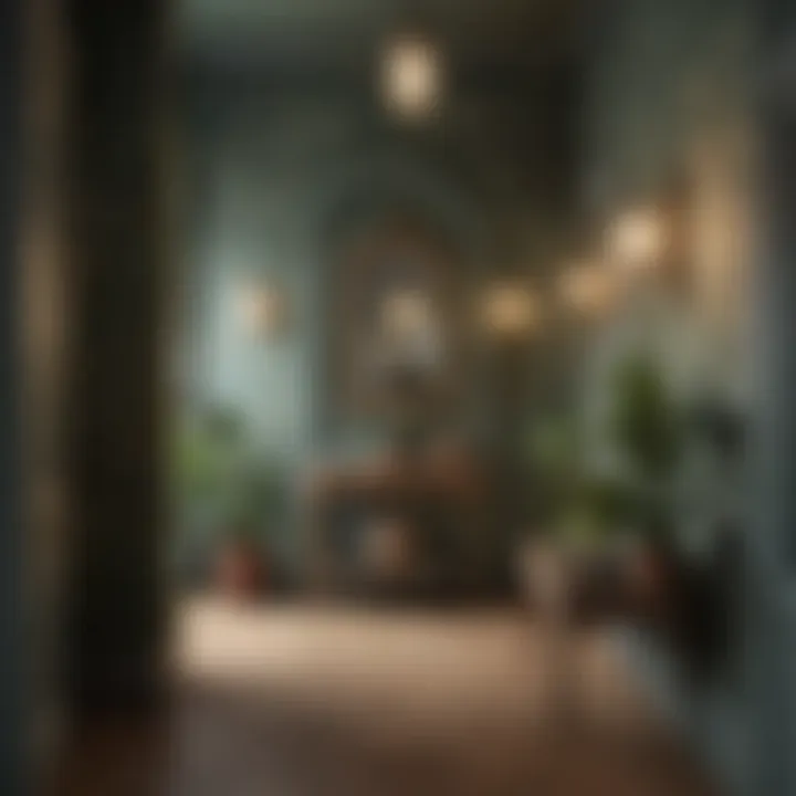 Elegant wallpaper design featuring botanical motifs in a small entryway