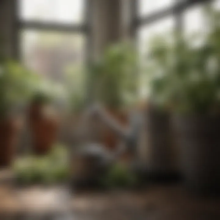 A watering can beside potted plants, illustrating efficient watering techniques.